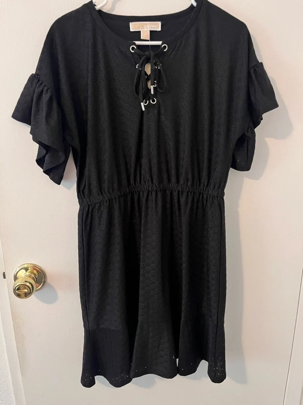 NWT Michael Kors Womens Black Lace-up Elastic Waist Lined Mini Dress Medium